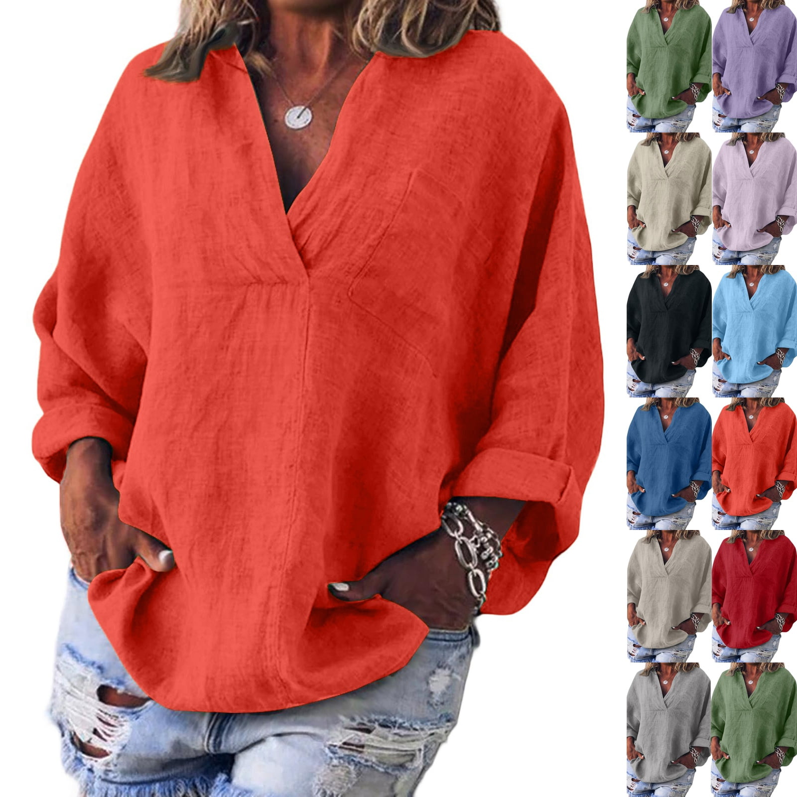 Women Cotton Linen Tops for Womens 3/4 Summer Sleeve Casual Shirts V ...