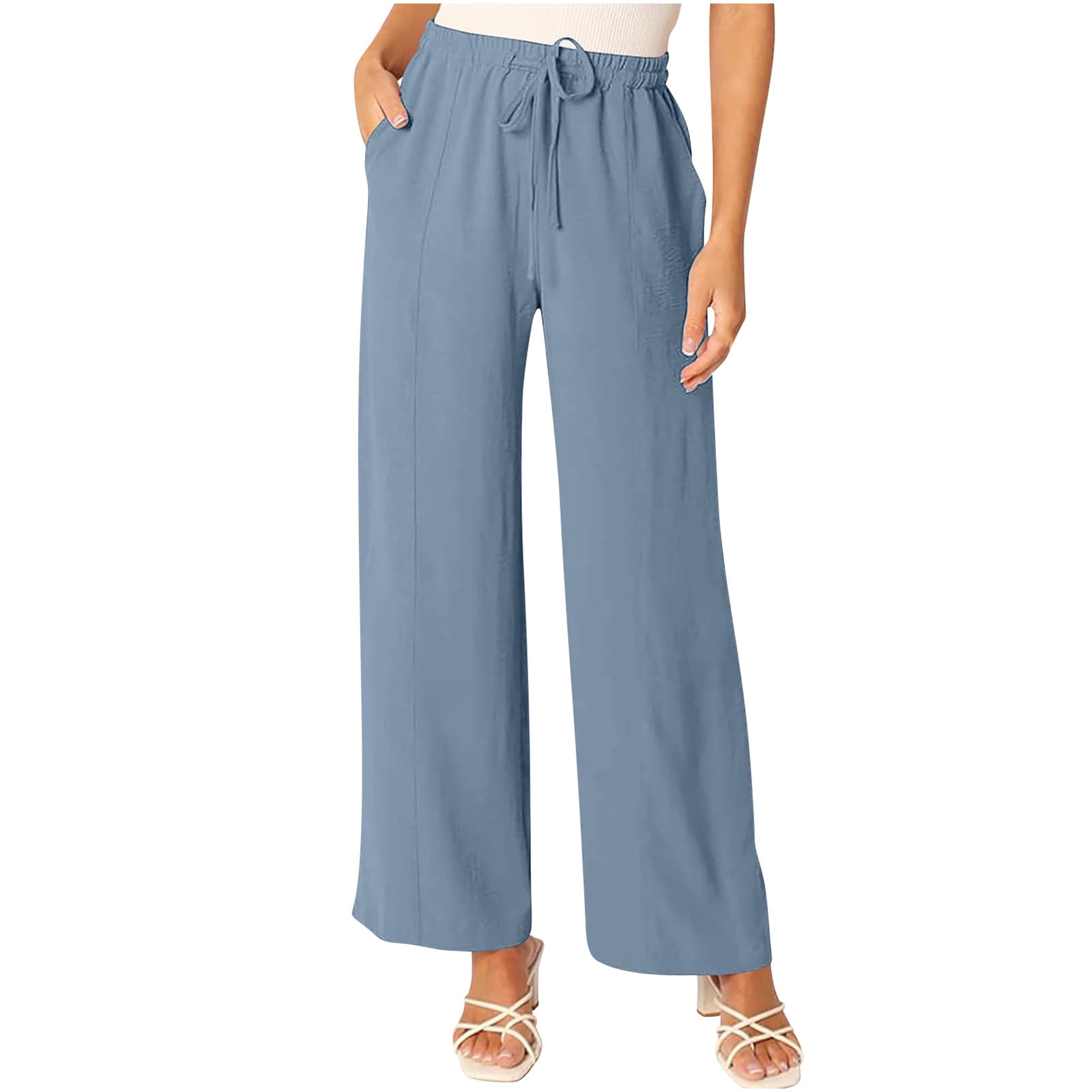 パンツ・ボトムスその他 HUECLOSET Cool Wash Pin Tuck Linen Denim Pants Women Cotton Linen Trousers Ladies Wide Leg Pants Drawstring