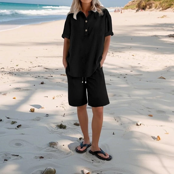 Women Cotton Linen Two Piece Set, Short Sleeve Henley Top & Drawstring Knee Length Shorts Casual Solid Outfit 02-Black XL
