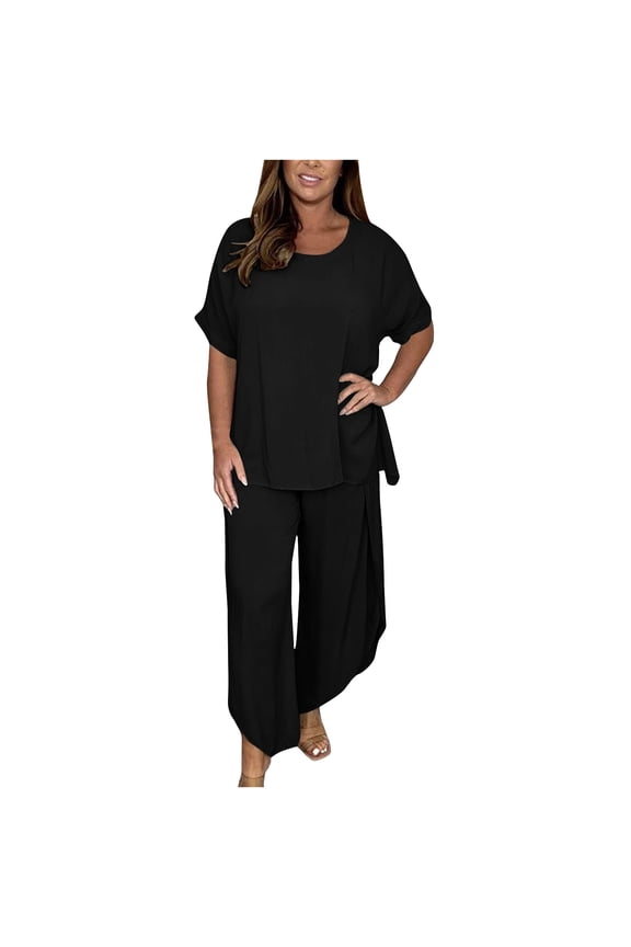 Women Cotton Linen Two Piece Trouser Set Loose Short Sleeve Blouse Tops Irregular Flowy Wide Leg Pants