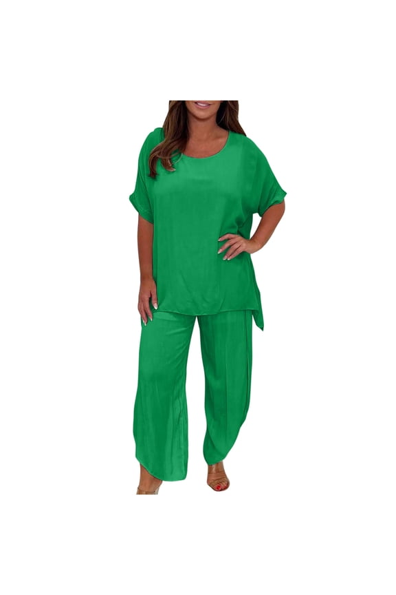 Women Cotton Linen Two Piece Trouser Set Loose Short Sleeve Blouse Tops Irregular Flowy Wide Leg Pants