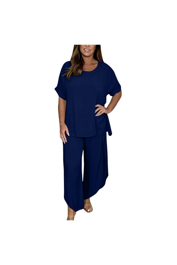 Women Cotton Linen Two Piece Trouser Set Loose Short Sleeve Blouse Tops Irregular Flowy Wide Leg Pants