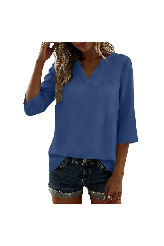 Women Cotton Linen V Neck Blouse 2026 Trending 3/4 Sleeve Solid Beach Shirts Dressy Casual Chic Work Shirt Tops
