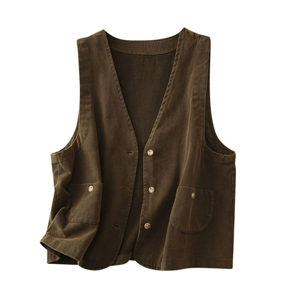 Women Cotton Linen Vest Casual Button Down V Neck Blazer Waistcoat Sleeveless Lightweight Loose Jacket with Pockets