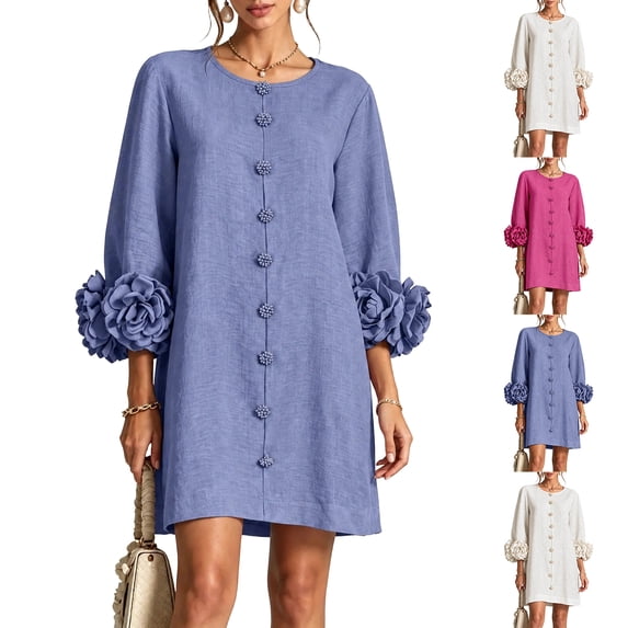 Women Cotton Linen Wedding Guest Mini Dress Long Balloon Sleeve 3D Rose ...