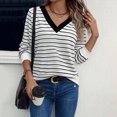 thumbnail image 1 of Women Cotton Long Sleeve Tops Women Striped Sweatshirts Tunic Tshirts Women V Neck Jumper Black XL, 1 of 6