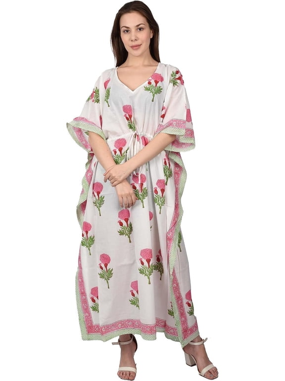 Women Cotton Long dress Fabric Venue Hand Block Printed Cotton Summer Caftan Dress Long kaftan Drawsting adjustable dress