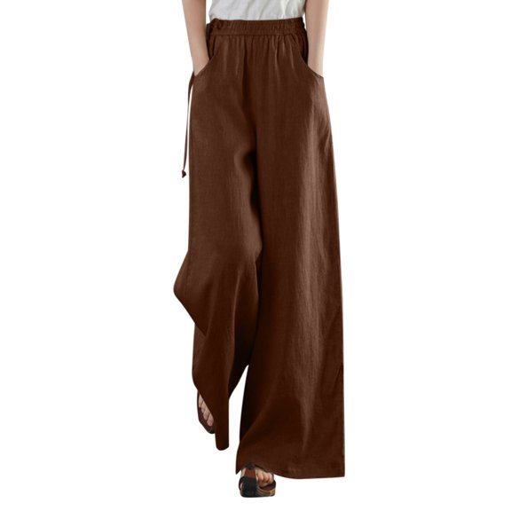 Women Cotton Loose Wide Leg Pants High Waist Straight Retro Literary Casual Trousers