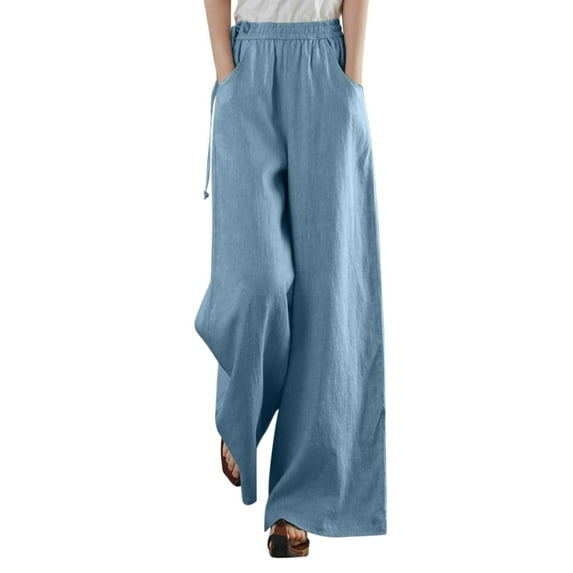 Women Cotton Loose Wide Leg Pants High Waist Straight Retro Literary Casual Trousers