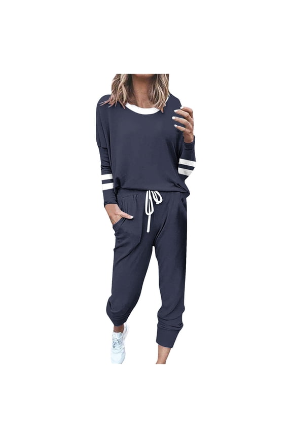 Women Cotton Lounge Sets 2 Piece Outfits Linen Sets for Women 2 Piece Pants Women's Fashionable Loose Printed Long Sleeved Round Neck Drawstring Casual Set
