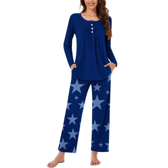 Women Cotton Lounge Sets 2 Piece Outfits Womens 2 Piece Outfits Fall Plus Womenfashionable And Casual Loose Printed Round Neck Button Up Long Sleeved Pants Pajama Set