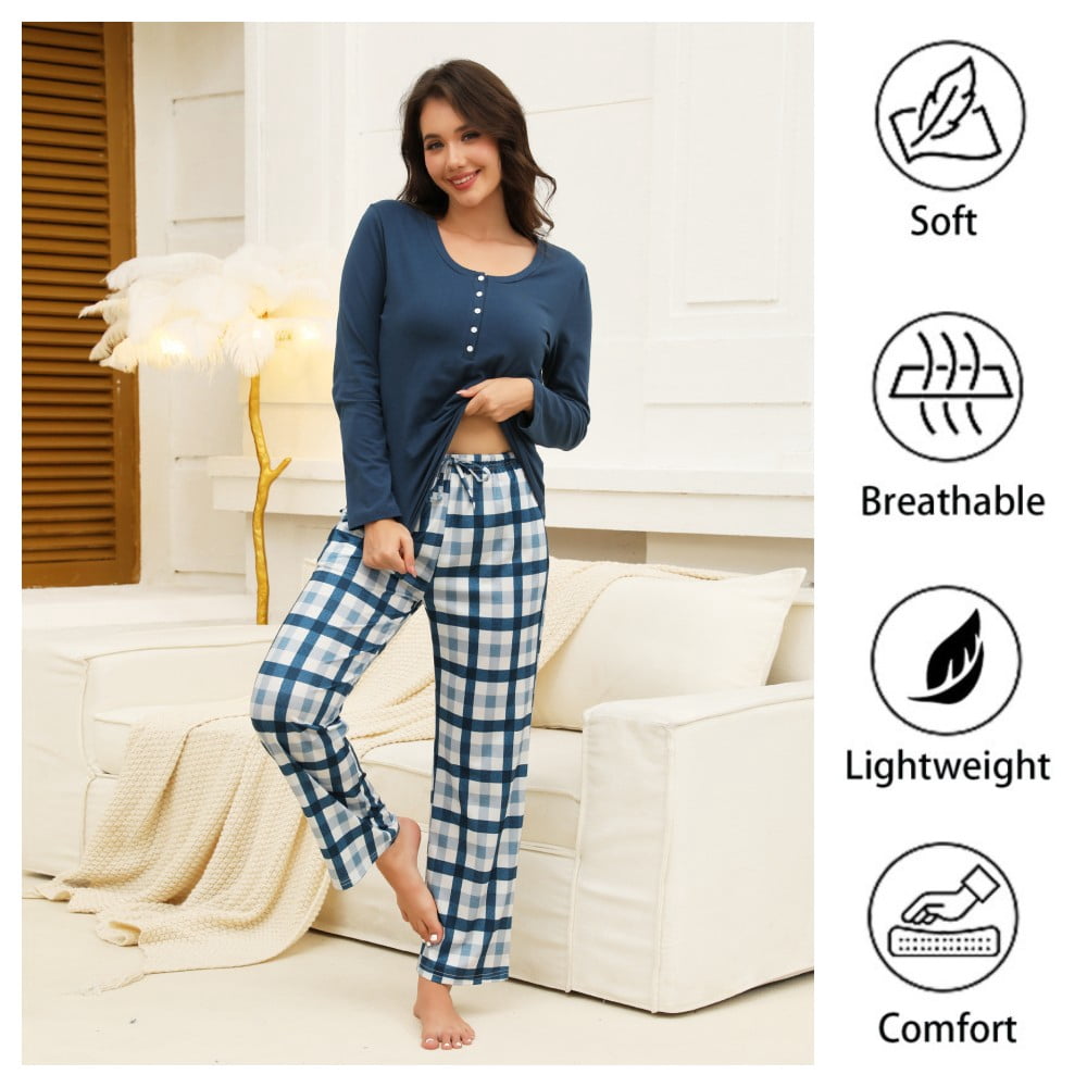 Women Cotton Pajamas Long Sleeve Set with Plaid Long Pants Button Down ...