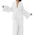 thumbnail image 1 of Women Cotton Pajamas Set Long Sleeve Belted Sleepwear Suits Solid Color Cardigan and Wide Leg Pants 2 Piece (White M), 1 of 6