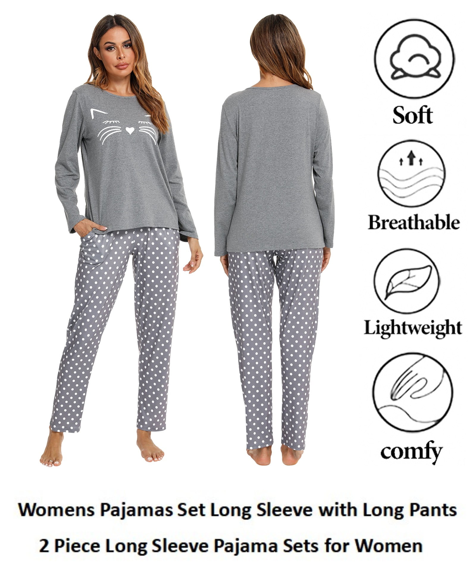 Women Cotton Pajamas Set Long Sleeve and Pants Pajamas for Women Cute ...