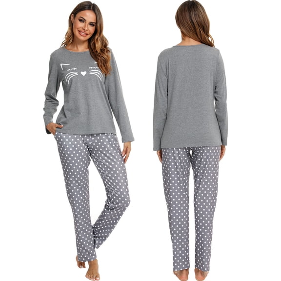 Women Cotton Pajamas Set Long Sleeve and Pants Pajamas for Women Cute Cat Print Soft Sleepwear Sets for Women 2 Piece Loungewear with Pockets, S-XXL
