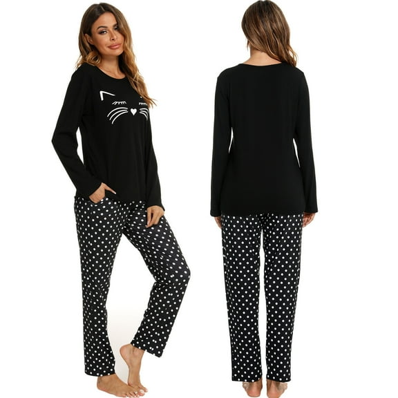Women Cotton Pajamas Set Long Sleeve and Pants Pajamas for Women Cute Cat Print Soft Sleepwear Sets for Women 2 Piece Loungewear with Pockets, S-XXL