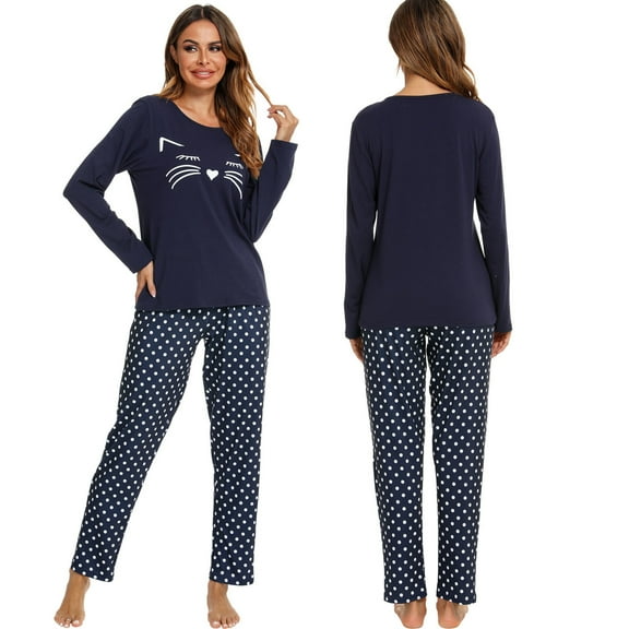 Women Cotton Pajamas Set Long Sleeve and Pants Pajamas for Women Cute Cat Print Soft Sleepwear Sets for Women 2 Piece Loungewear with Pockets, S-XXL