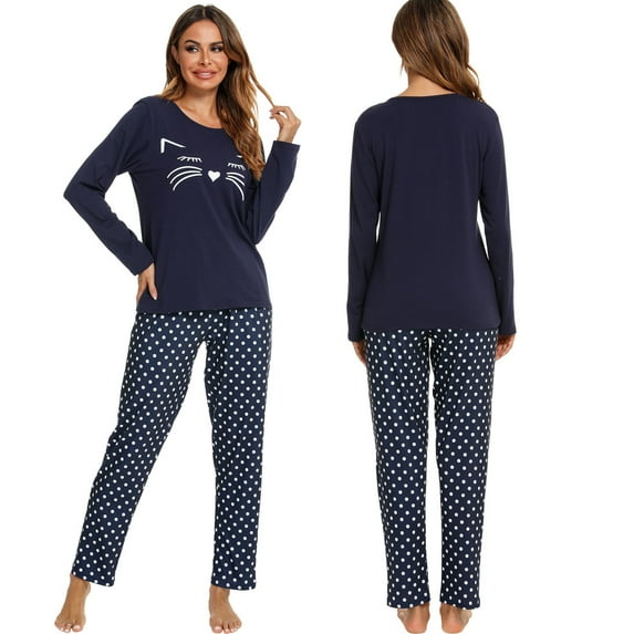 Women Cotton Pajamas Set Long Sleeve and Pants Pajamas for Women Cute Cat Print Soft Sleepwear Sets for Women 2 Piece Loungewear with Pockets, S-XXL