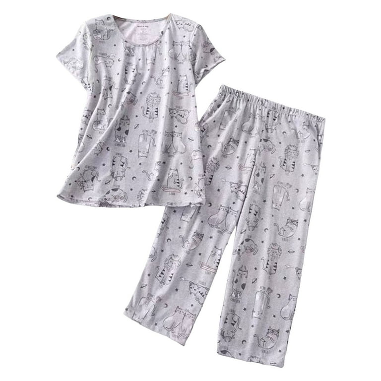 Women Cotton Pajamas Set Short Sleeve Top Capri Pants Sleepwear