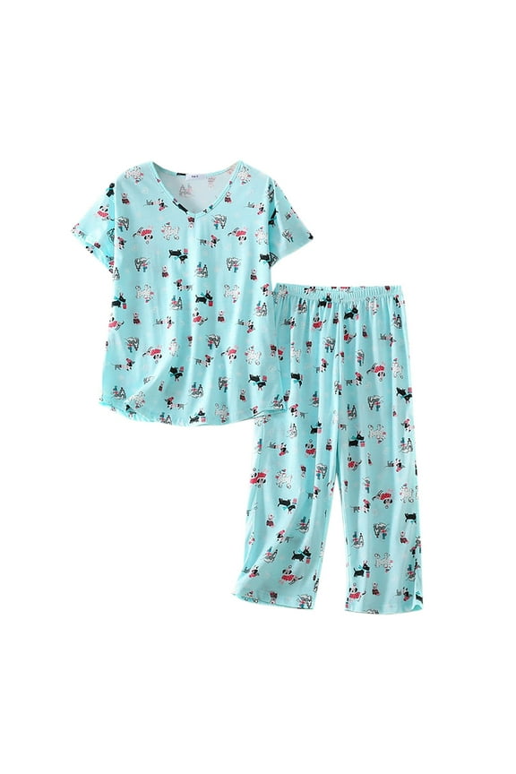 Women's Sleepwear Women Pajamas Set Short Sleeve Top Capri Pants Sleepwear Plus