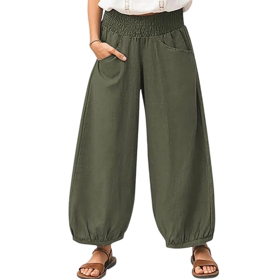 Women Cotton Palazzo Pants Summer Boho Wide Leg High Waist Casual Lounge Pant Vacation Outfits Olive Green M