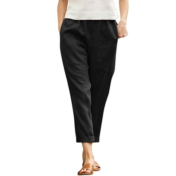 Women Cotton Pocket Cropped Straight Leg Crop Pants Ladies Casual Long Loose Pant Slacks Cozy Daily Female Bottoms Black 5XL