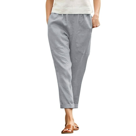 Women Cotton Pocket Cropped Straight Leg Crop Pants Ladies Casual Long Loose Pant Slacks Cozy Daily Female Bottoms Grey 4XL