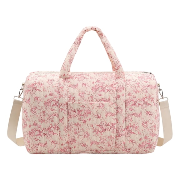Women Cotton Quilted Large Travel Duffle Bag, Large Capacity Weekend Overnight Bag (Pink L)