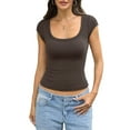 thumbnail image 1 of Women Cotton Ribbed Scoop Neck Short Sleeve Shirts Cap Sleeve Slim Fit T-Shirt Basic Summer Going Out Top Brown S, 1 of 9