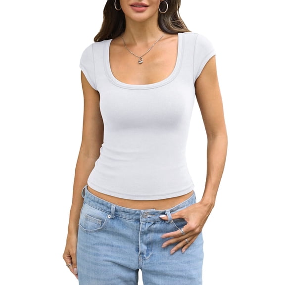 Women Cotton Ribbed Scoop Neck Short Sleeve Shirts Cap Sleeve Slim Fit T-Shirt Basic Summer Going Out Top White M