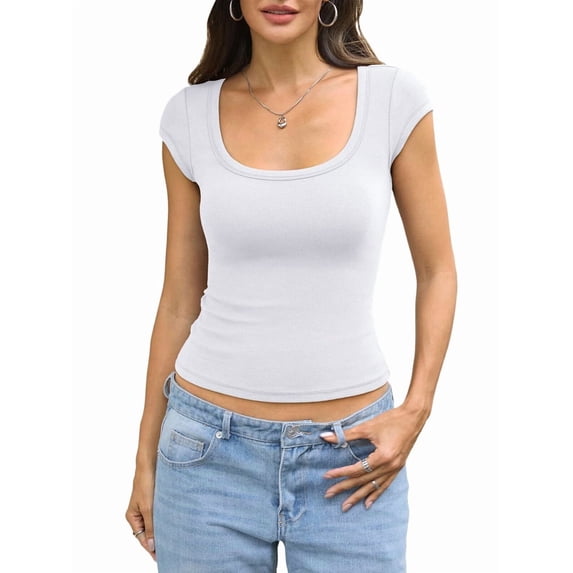 Women Cotton Ribbed Scoop Neck Short Sleeve Shirts Cap Sleeve Slim Fit T-Shirt Basic Summer Going Out Top White S