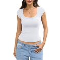 thumbnail image 1 of Women Cotton Ribbed Scoop Neck Short Sleeve Shirts Cap Sleeve Slim Fit T-Shirt Basic Summer Going Out Top White S, 1 of 9