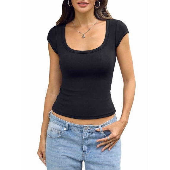Women Cotton Ribbed Scoop Neck Short Sleeve Shirts Cap Sleeve Slim Fit T-Shirt Basic Summer Going Out Top