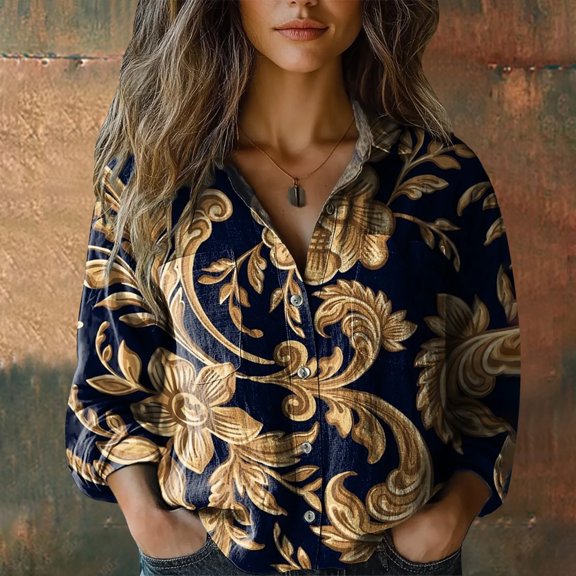 Women Cotton Shirt Printed Fashion Button Down Shirts Casual Tops Long Sleeve Blouse Navy