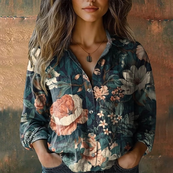 Women Cotton Shirt Printed Fashion Button Down Shirts Casual Tops Long Sleeve Blouse Navy