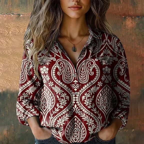 Women Cotton Shirt Printed Fashion Button Down Shirts Casual Tops Long Sleeve Blouse Wine