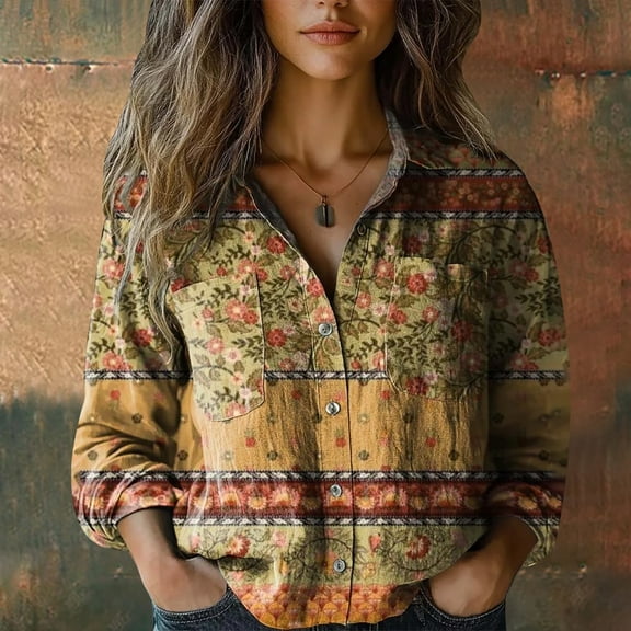 Women Cotton Shirt Printed Fashion Button Down Shirts Casual Tops Long Sleeve Blouse Yellow