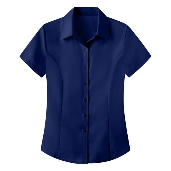 Women Cotton Shirt Printed Fashion Down Shirts Casual Tops Short Sleeve Blouse Navy