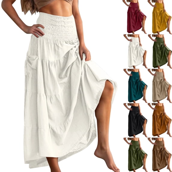 Women Cotton Skirts Bohemia Elastic Wide Waist Summer Casual Beach Vacation Plain Loose Maxi Skirts with Two Pockets White S-XL