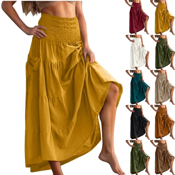 Women Cotton Skirts Bohemia Elastic Wide Waist Summer Casual Beach Vacation Plain Loose Maxi Skirts with Two Pockets Yellow S-XL