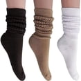 thumbnail image 1 of Women Cotton Slouch Socks 3 Pairs Shoe Size 5-10 (Brown-Beige-White), 1 of 7