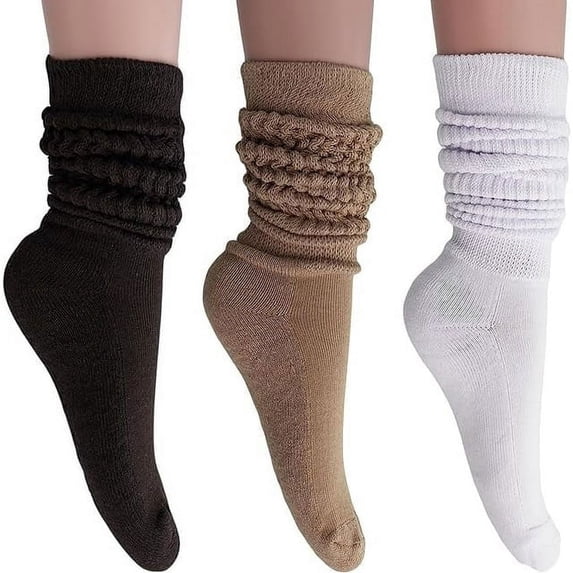 Women Cotton Slouch Socks 3 Pairs Shoe Size 5-10 (Brown-Beige-White)