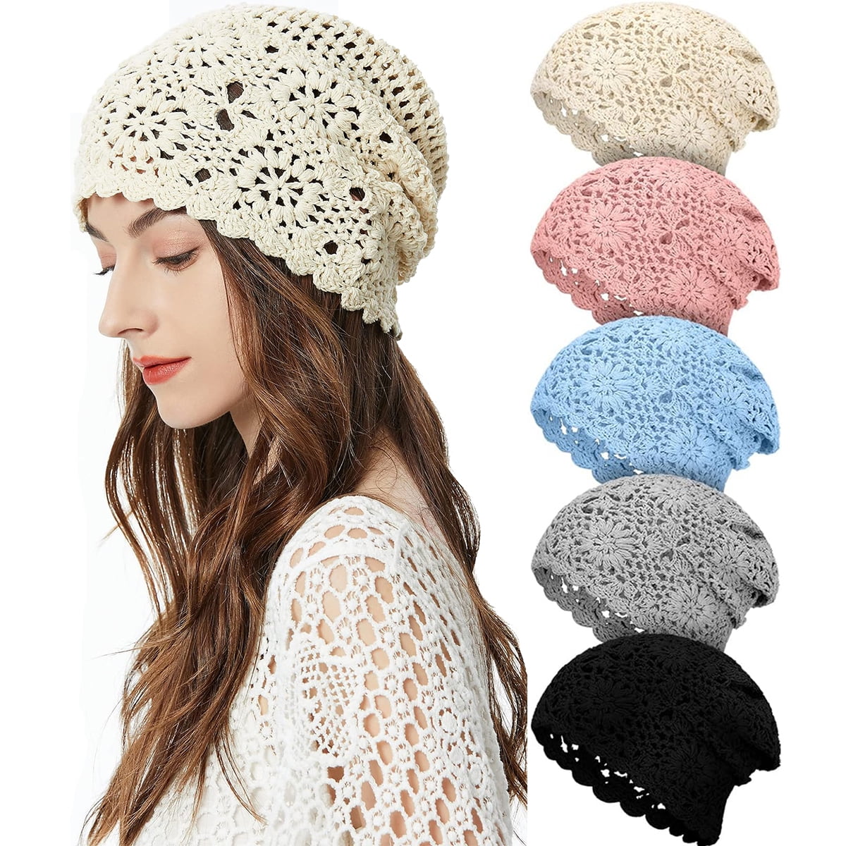 4457 Women Cotton Slouchy Crochet Beret Handmade Cutout Floral Beanie Hat 2 Pieces Floral Crochet Slouchy Beanie Hat Handmade Knit  main image 3