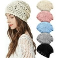 thumbnail image 1 of Women Cotton Slouchy Crochet Beret Handmade Cutout Floral Beanie Hat, 1 of 6
