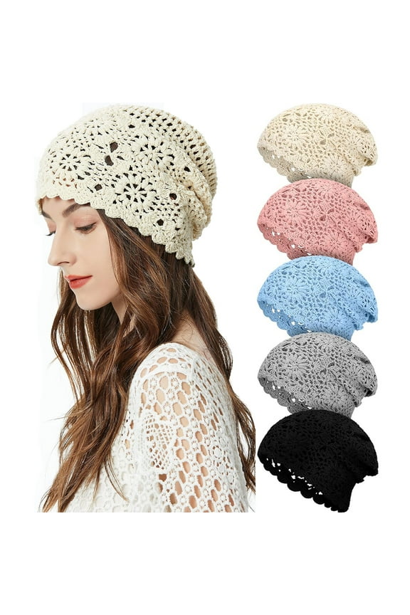 Women Cotton Slouchy Crochet Beret Handmade Cutout Floral Beanie Hat