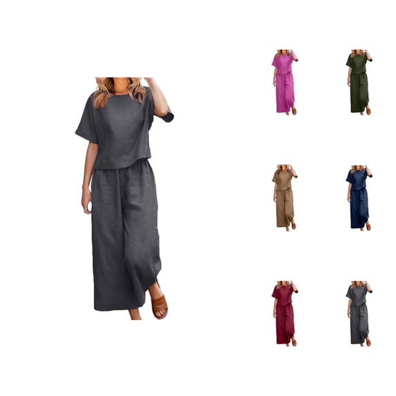 Women Cotton Suit Fashion Comfortable Short Sleeve And Long Pants Solid Color Linen Capris For Women Casual Summer