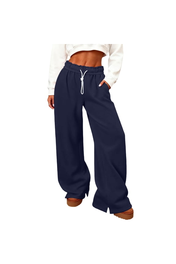 Women Cotton Sweatpants with Pockets Wide Leg Drawstring Pants Fall Spring Winter Casual Sports Jogging Trousers (S, Navy)