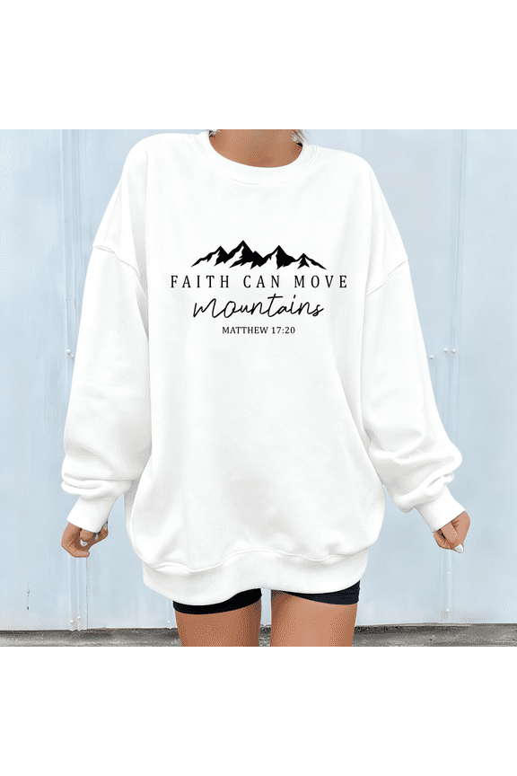 Women Cotton Sweatshirt Mountain Pattern Top MATTHEW 1720 Bible Verse Round-neck long-sleeved White S-3XL