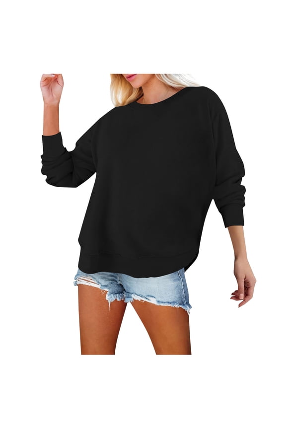Women Cotton Sweatshirts Casual Loose Crewneck Long Sleeve Pullover Sweatshirt Comfy Lightweight Fall Winter Side Split Tops