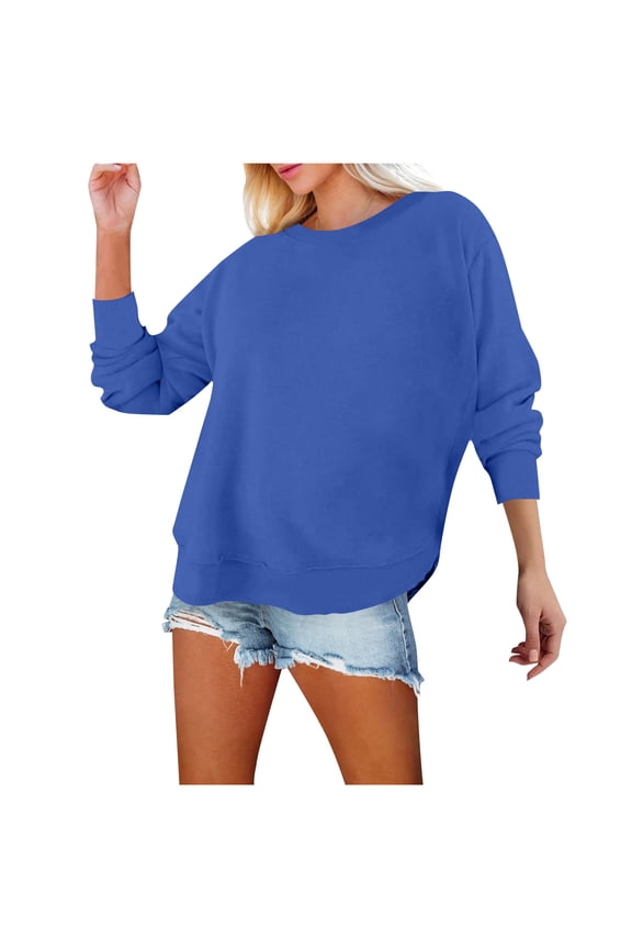 Women Cotton Sweatshirts Casual Loose Crewneck Long Sleeve Pullover Sweatshirt Comfy Lightweight Fall Winter Side Split Tops